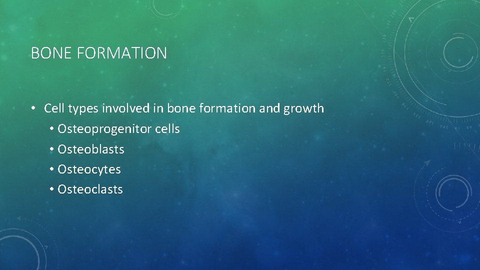 BONE FORMATION • Cell types involved in bone formation and growth • Osteoprogenitor cells