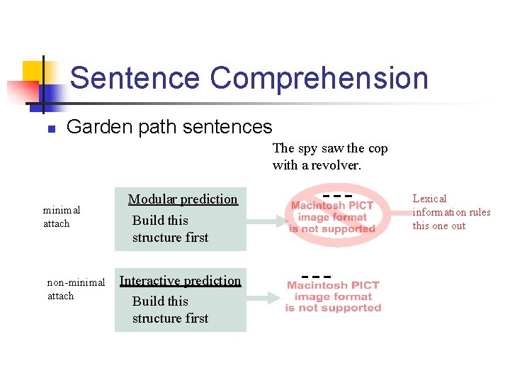 Sentence Comprehension n Garden path sentences The spy saw the cop with a revolver.