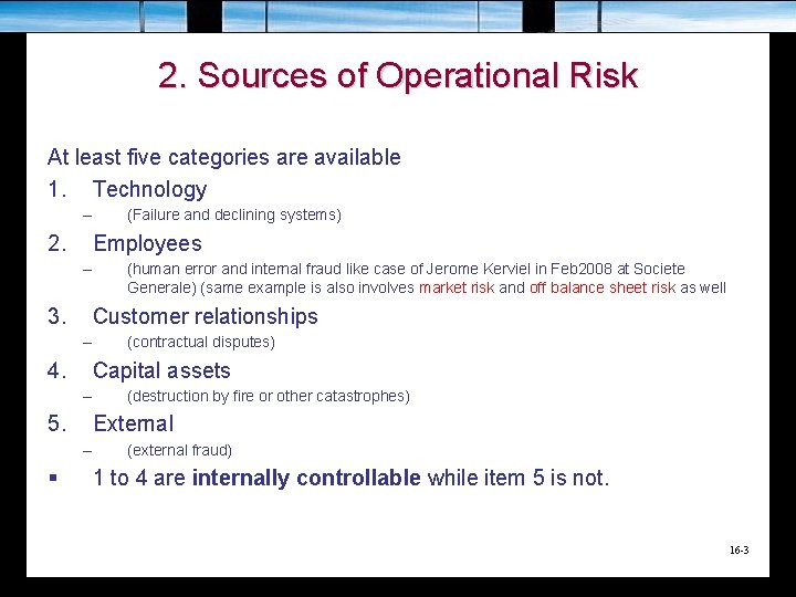 2. Sources of Operational Risk At least five categories are available 1. Technology –