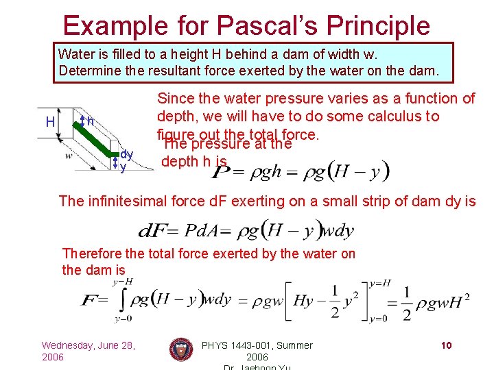 Example for Pascal’s Principle Water is filled to a height H behind a dam
