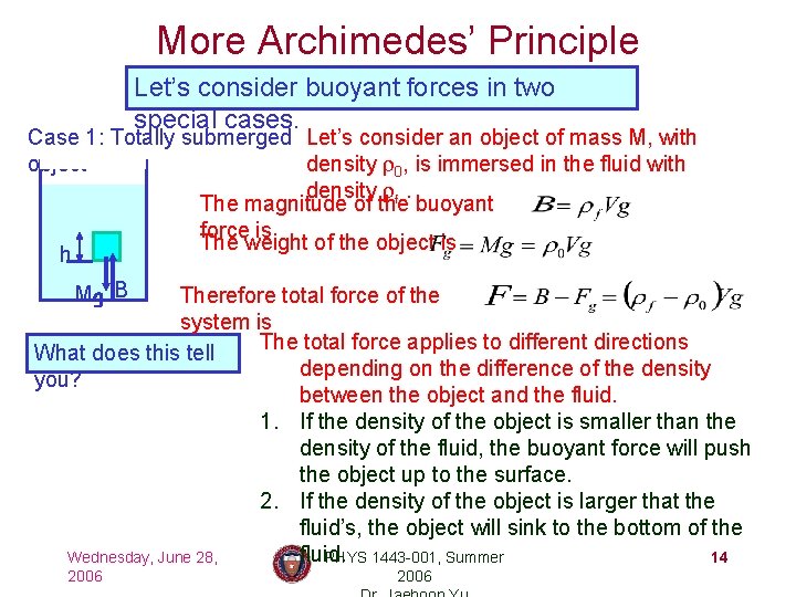 More Archimedes’ Principle Let’s consider buoyant forces in two special cases. Case 1: Totally