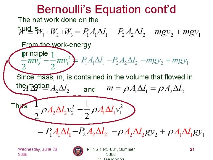 Bernoulli’s Equation cont’d The net work done on the fluid is From the work-energy