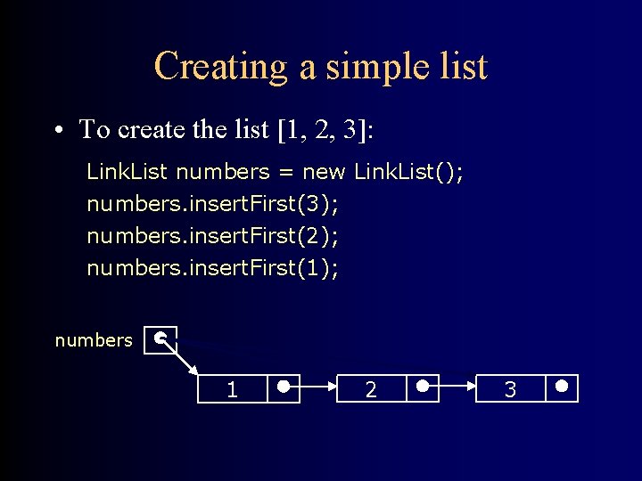 Creating a simple list • To create the list [1, 2, 3]: Link. List