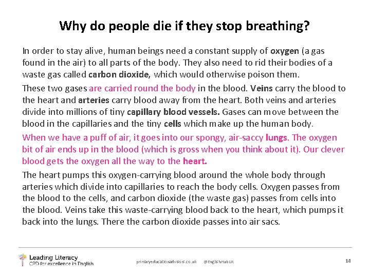 Why do people die if they stop breathing? In order to stay alive, human