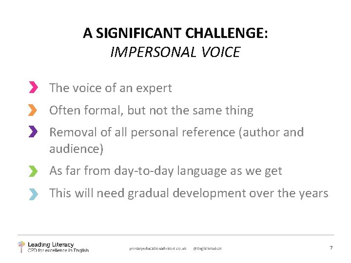 A SIGNIFICANT CHALLENGE: IMPERSONAL VOICE The voice of an expert Often formal, but not
