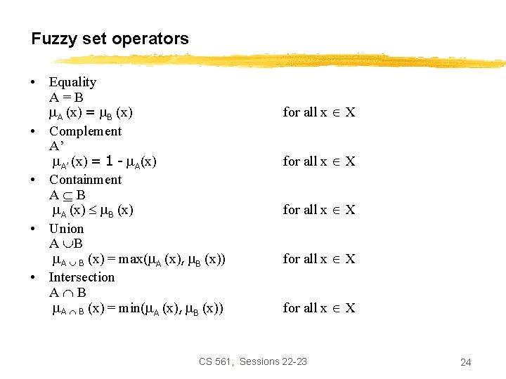 Fuzzy set operators • Equality A=B A (x) = B (x) • Complement A’