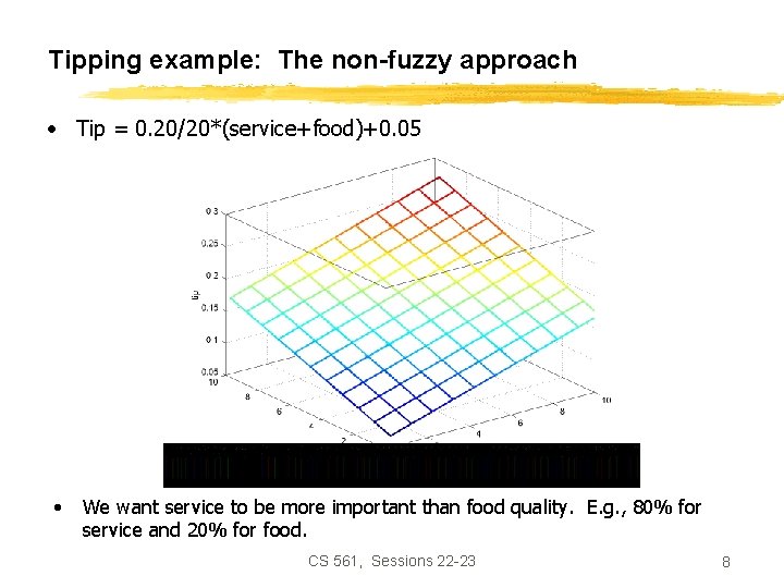 Tipping example: The non-fuzzy approach • Tip = 0. 20/20*(service+food)+0. 05 • We want