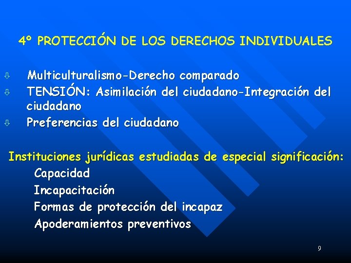 4º PROTECCIÓN DE LOS DERECHOS INDIVIDUALES ò ò ò Multiculturalismo-Derecho comparado TENSIÓN: Asimilación del