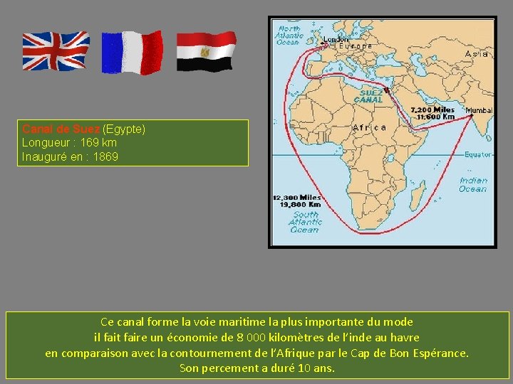 Canal de Suez (Egypte) Longueur : 169 km Inauguré en : 1869 Ce canal