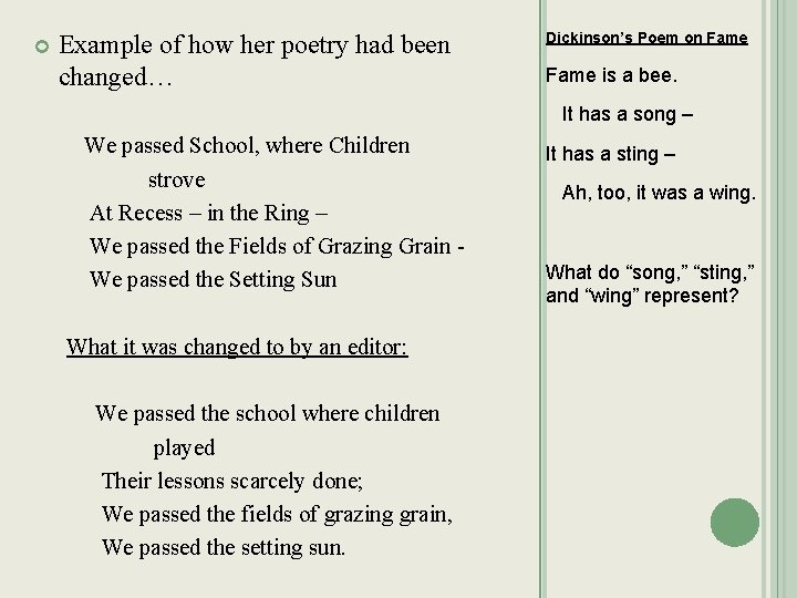  Example of how her poetry had been changed… Dickinson’s Poem on Fame is