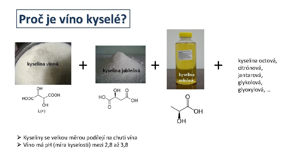 Proč je víno kyselé? kyselina vinná + kyselina jablečná Ø Kyseliny se velkou měrou