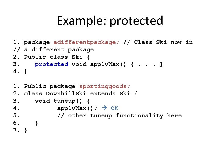 Example: protected 1. // 2. 3. 4. package adifferentpackage; // Class Ski now in