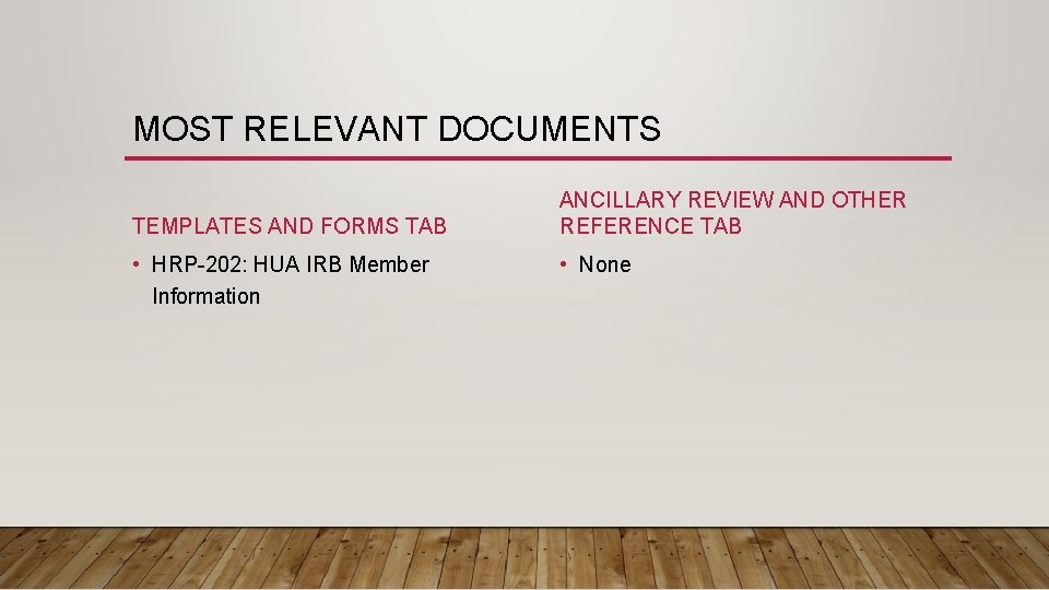 MOST RELEVANT DOCUMENTS TEMPLATES AND FORMS TAB • HRP-202: HUA IRB Member Information ANCILLARY