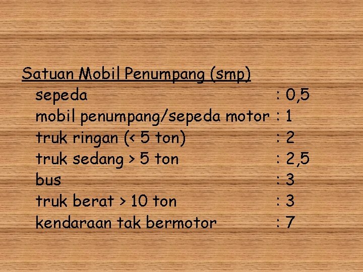 Satuan Mobil Penumpang (smp) sepeda mobil penumpang/sepeda motor truk ringan (< 5 ton) truk