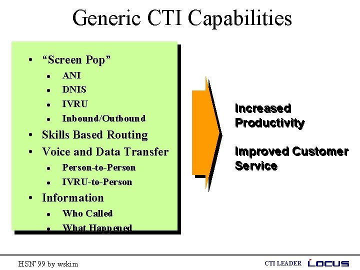 Generic CTI Capabilities • “Screen Pop” l l ANI DNIS IVRU Inbound/Outbound • Skills