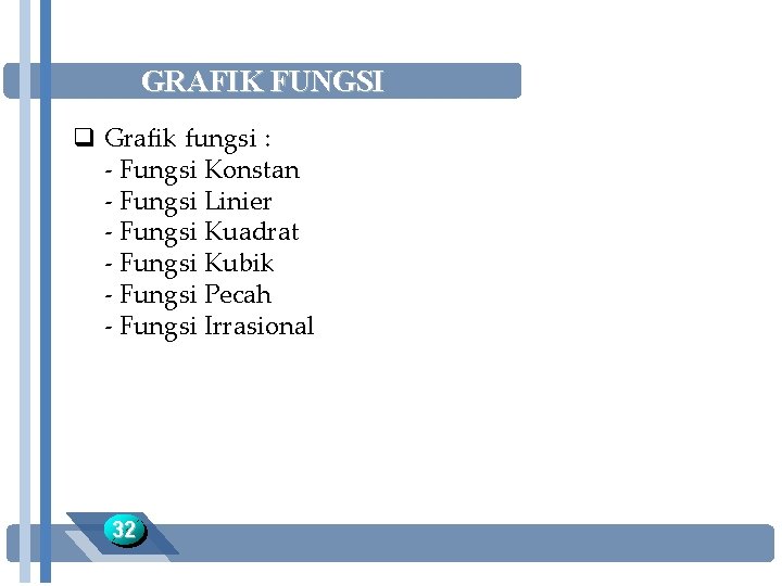 GRAFIK FUNGSI q Grafik fungsi : - Fungsi Konstan - Fungsi Linier - Fungsi