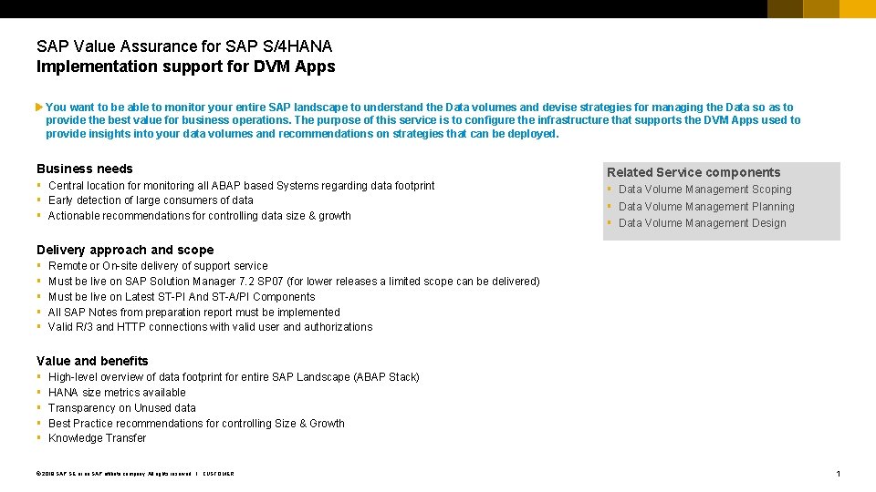 SAP Value Assurance for SAP S/4 HANA Implementation support for DVM Apps You want