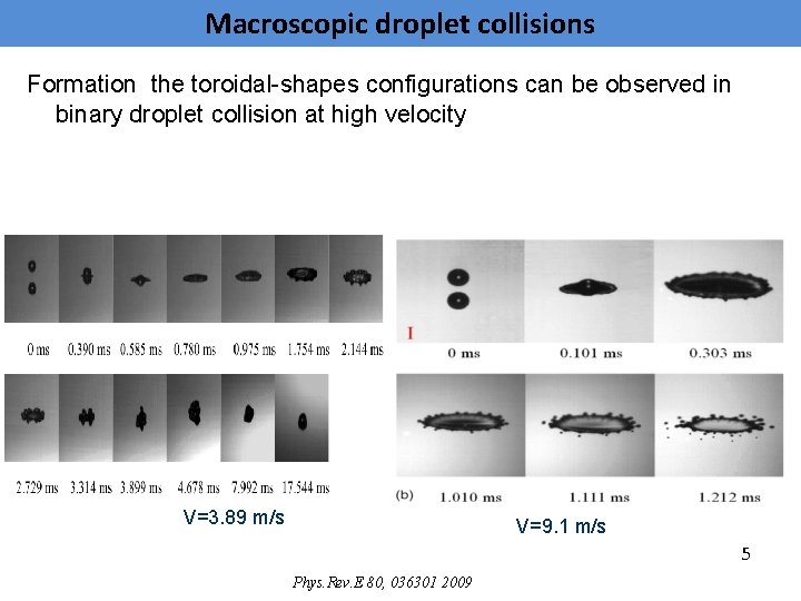 Macroscopic droplet collisions Formation the toroidal-shapes configurations can be observed in binary droplet collision