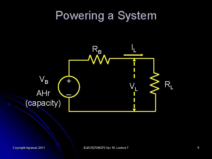 Powering a System RB VB AHr (capacity) Copyright Agrawal, 2011 + _ IL VL