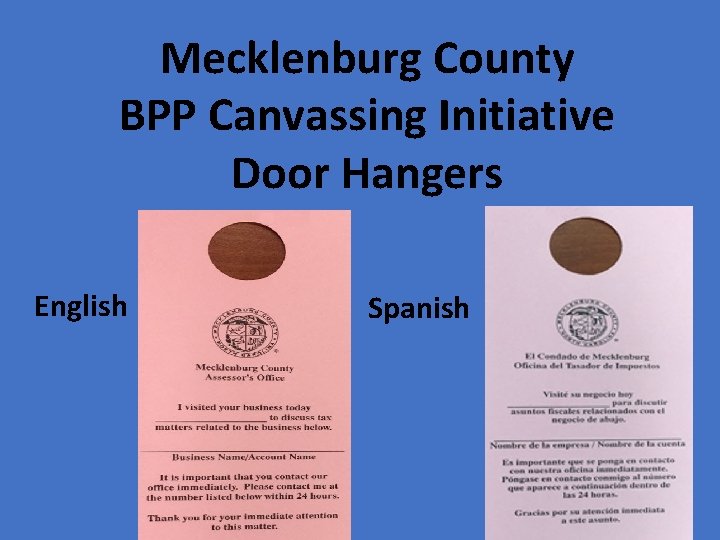 Mecklenburg County BPP Canvassing Initiative Door Hangers English Spanish 