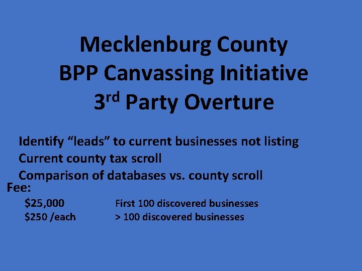 Mecklenburg County BPP Canvassing Initiative rd 3 Party Overture Identify “leads” to current businesses