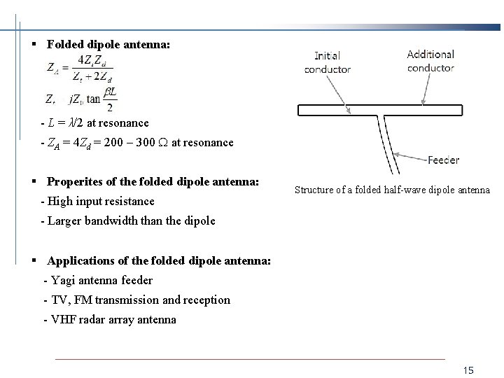 § Folded dipole antenna: - L = λ/2 at resonance - ZA = 4