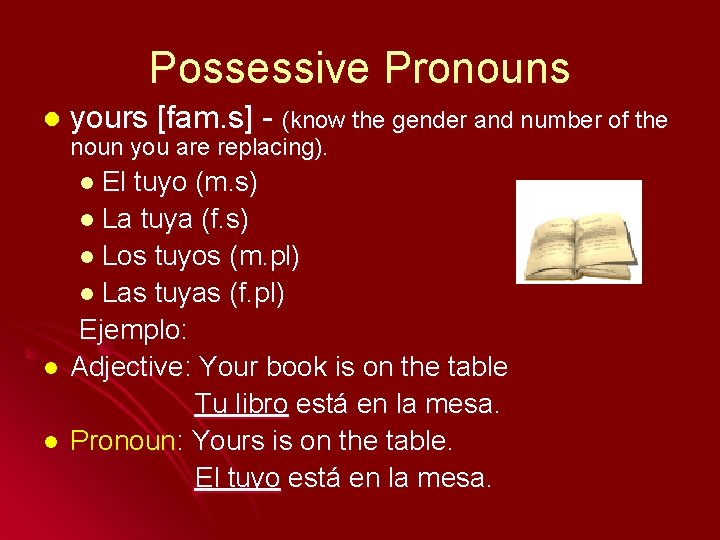 Possessive Pronouns l yours [fam. s] - (know the gender and number of the
