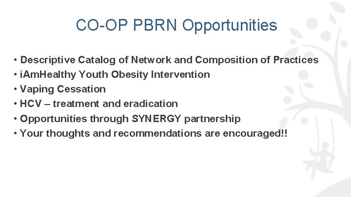 CO-OP PBRN Opportunities • Descriptive Catalog of Network and Composition of Practices • i.