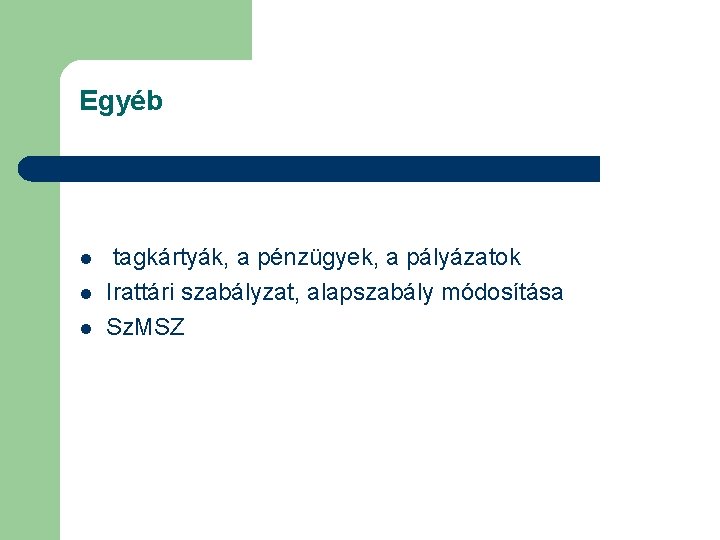 Egyéb l l l tagkártyák, a pénzügyek, a pályázatok Irattári szabályzat, alapszabály módosítása Sz.