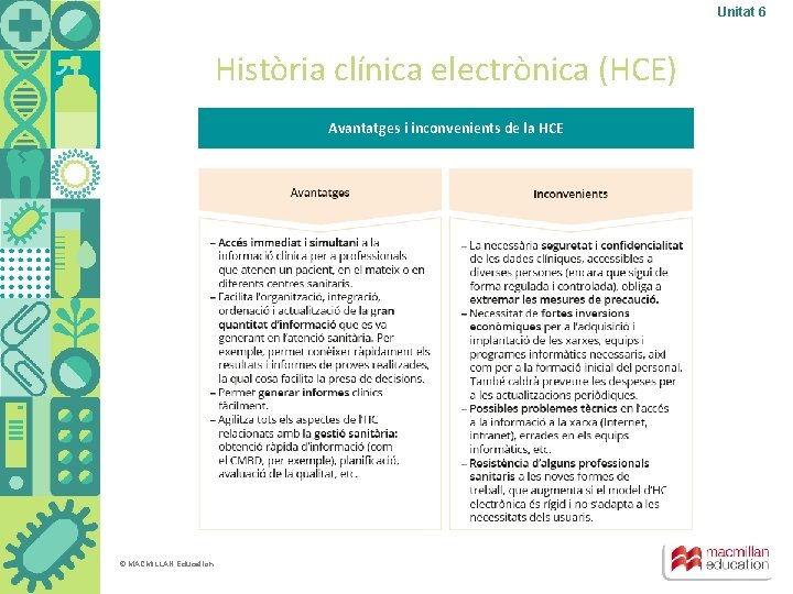 Unitat 6 Història clínica electrònica (HCE) Avantatges i inconvenients de la HCE © MACMILLAN