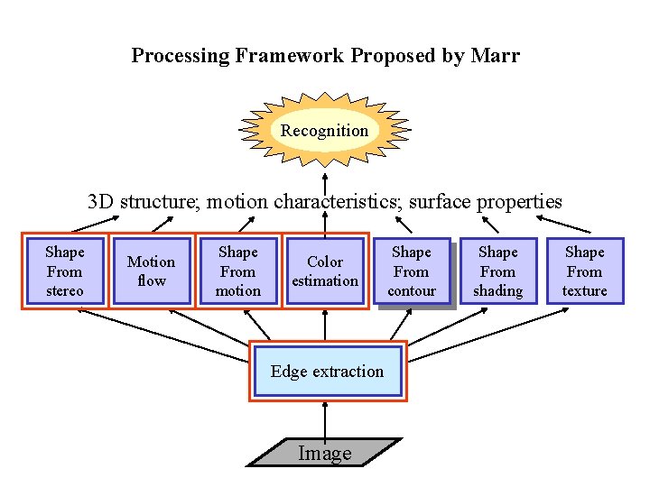 Processing Framework Proposed by Marr Recognition 3 D structure; motion characteristics; surface properties Shape