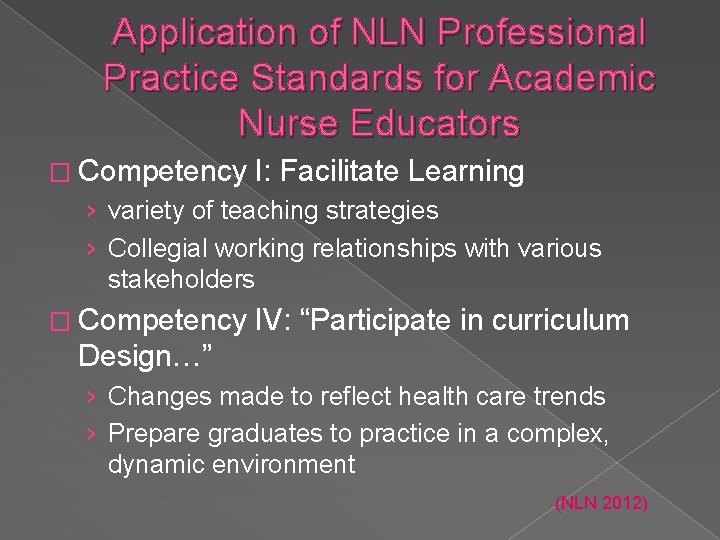 Application of NLN Professional Practice Standards for Academic Nurse Educators � Competency I: Facilitate