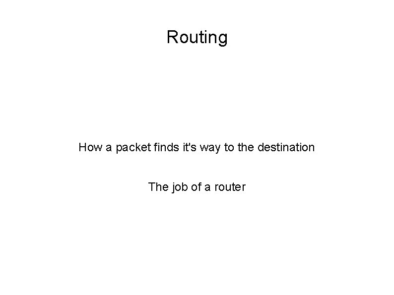 Routing How a packet finds it's way to the destination The job of a