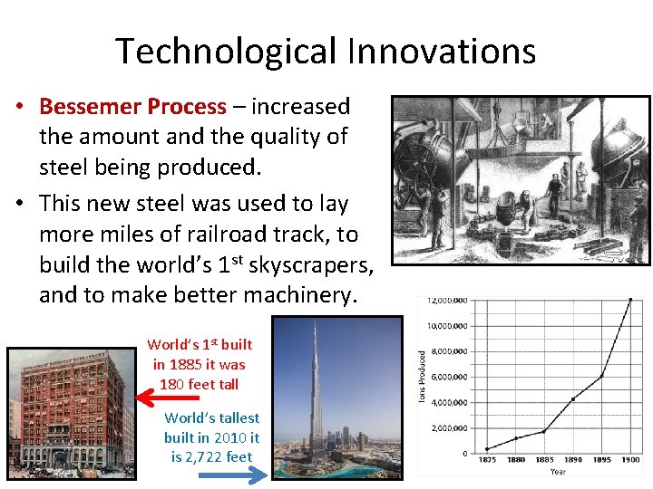 Technological Innovations • Bessemer Process – increased the amount and the quality of steel