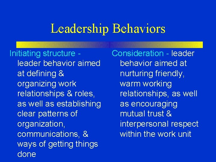 Leadership Behaviors Initiating structure leader behavior aimed at defining & organizing work relationships &