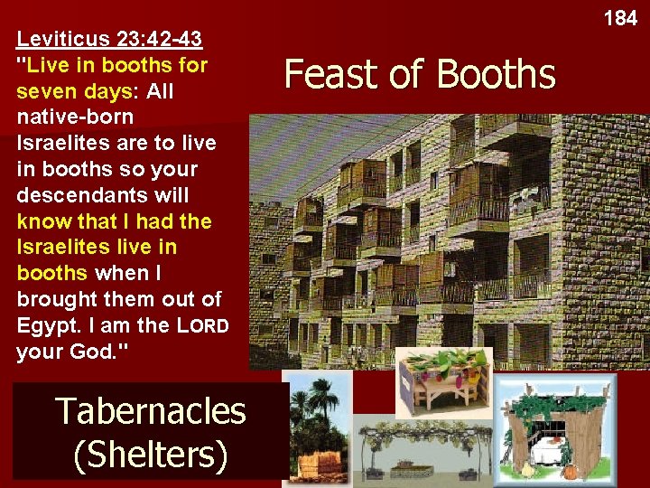 Leviticus 23: 42 -43 "Live in booths for seven days: All native-born Israelites are