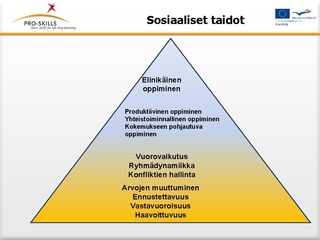 Sosiaaliset taidot Elinikäinen oppiminen Produktiivinen oppiminen Yhteistoiminnallinen oppiminen Kokemukseen pohjautuva oppiminen Vuorovaikutus Ryhmädynamiikka Konfliktien