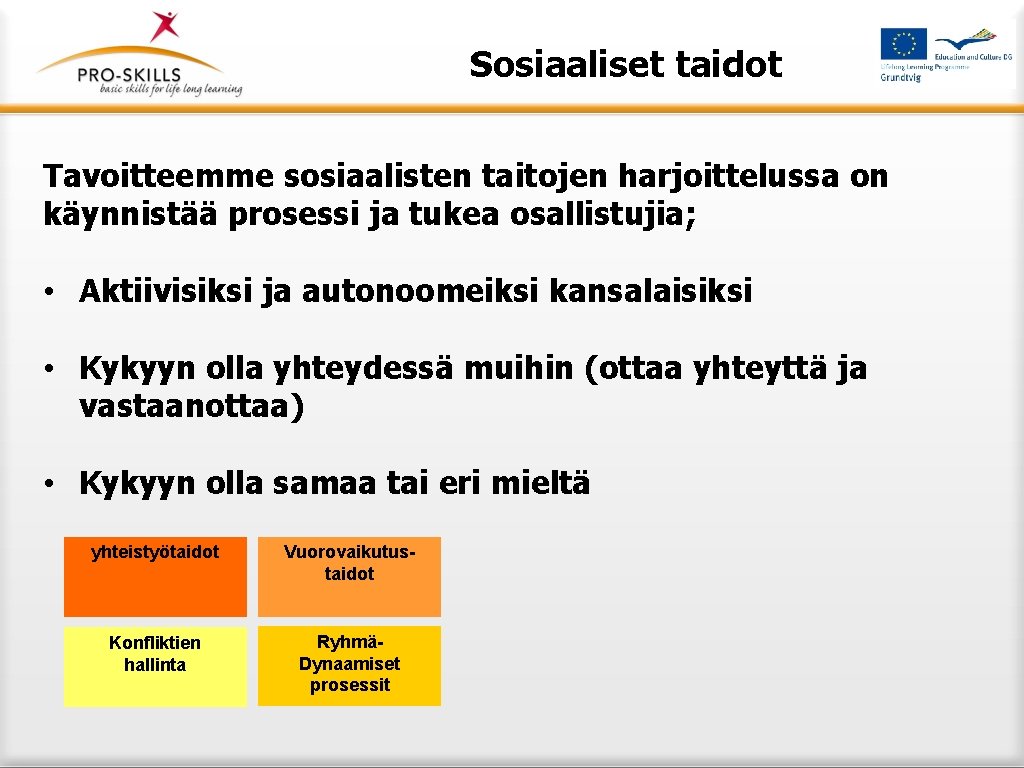 Sosiaaliset taidot Tavoitteemme sosiaalisten taitojen harjoittelussa on käynnistää prosessi ja tukea osallistujia; • Aktiivisiksi