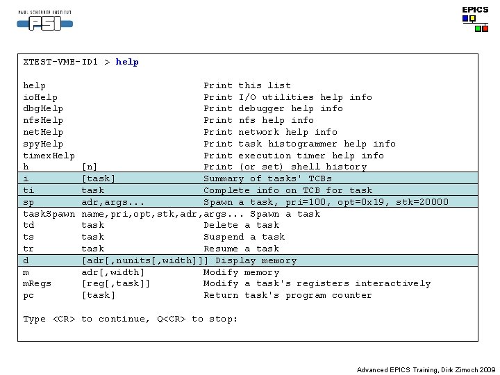 XTEST-VME-ID 1 > help io. Help dbg. Help nfs. Help net. Help spy. Help