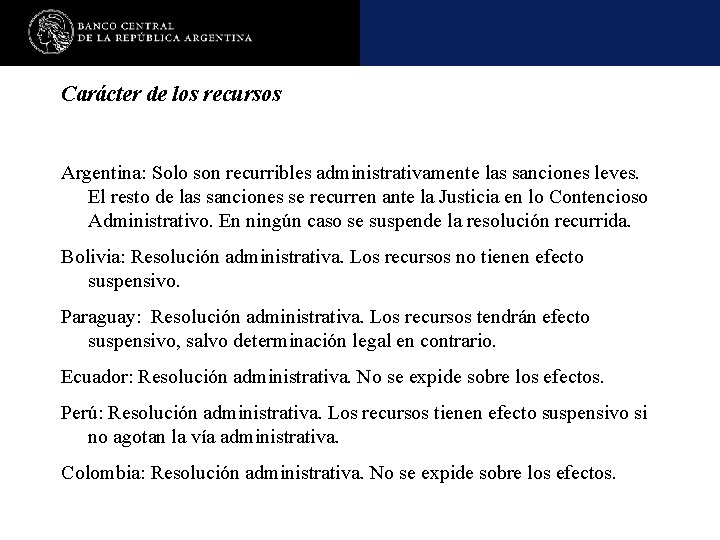 Carácter de los recursos Argentina: Solo son recurribles administrativamente las sanciones leves. El resto