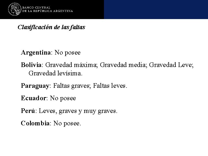 Clasificación de las faltas Argentina: No posee Bolivia: Gravedad máxima; Gravedad media; Gravedad Leve;