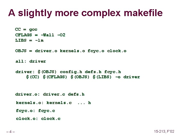 A slightly more complex makefile CC = gcc CFLAGS = -Wall -O 2 LIBS