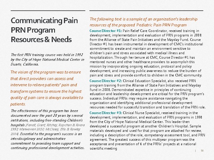 Communicating Pain PRN Program Resources & Needs The first PRN training course was held
