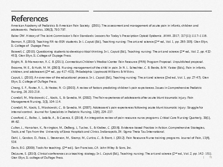 References American Academy of Pediatrics & American Pain Society. (2001). The assessment and management