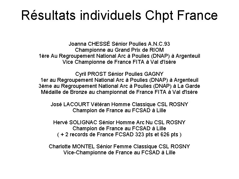 Résultats individuels Chpt France Joanna CHESSÉ Sénior Poulies A. N. C. 93 Championne au