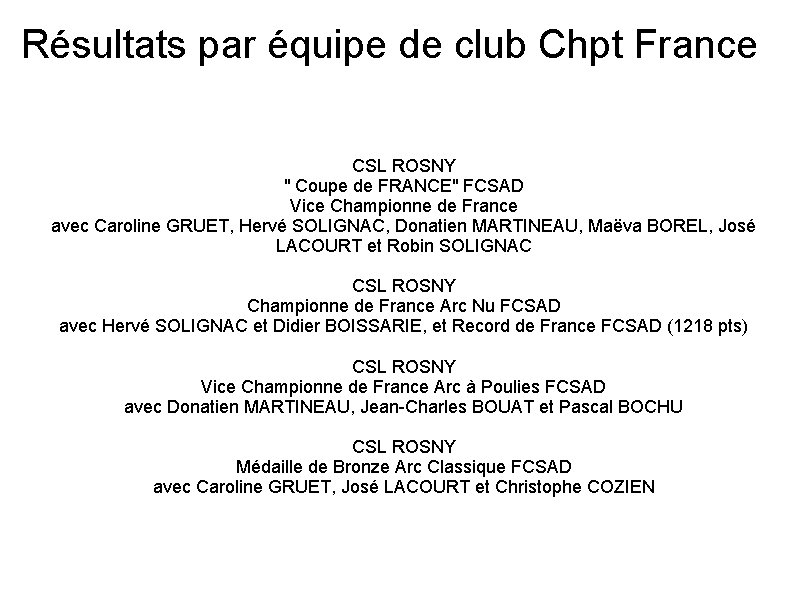 Résultats par équipe de club Chpt France CSL ROSNY " Coupe de FRANCE" FCSAD