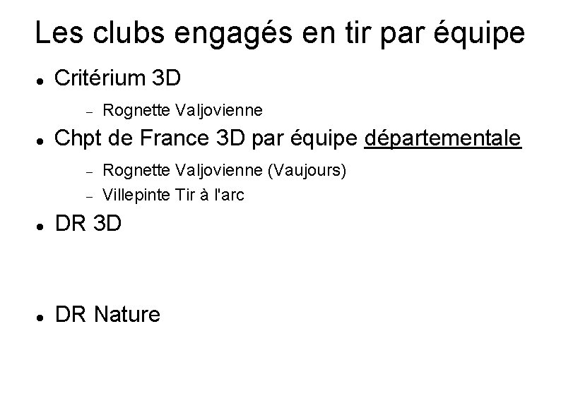 Les clubs engagés en tir par équipe Critérium 3 D Rognette Valjovienne Chpt de