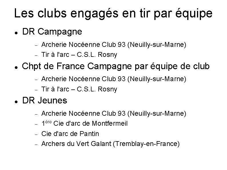 Les clubs engagés en tir par équipe DR Campagne Chpt de France Campagne par