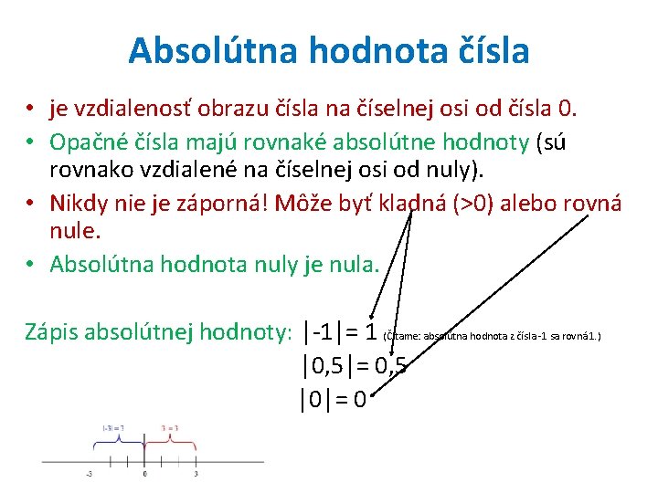 Absolútna hodnota čísla • je vzdialenosť obrazu čísla na číselnej osi od čísla 0.