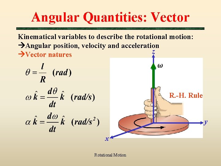 Angular Quantities: Vector Kinematical variables to describe the rotational motion: Angular position, velocity and